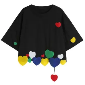 3D Colorful Hearts Round Neck Loose Blouse