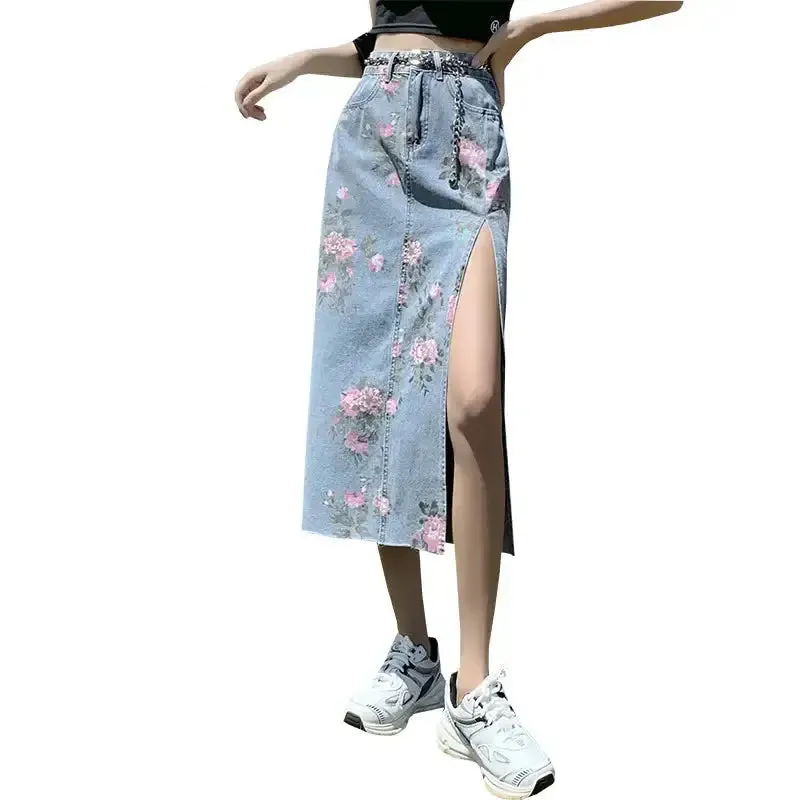 Aesthetic High Waist Flower Print Long Denim Skirt