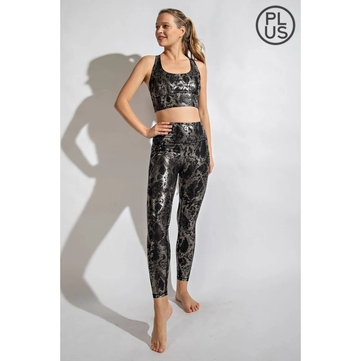 Antique Sage Snake Print Foil Leggings in CURVY