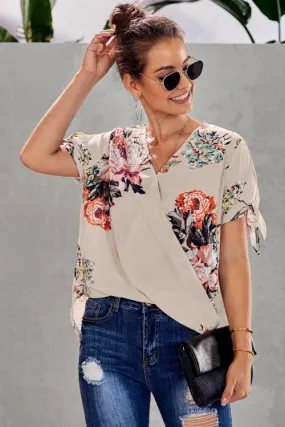 Apricot Floral Twist Short Sleeve Blouse Top