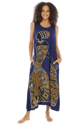 Back From Bali Womens Long African Print Maxi Dress Swimsuit Cover Up Loose Sleeveless Beach Kaftan with Pockets Rayon