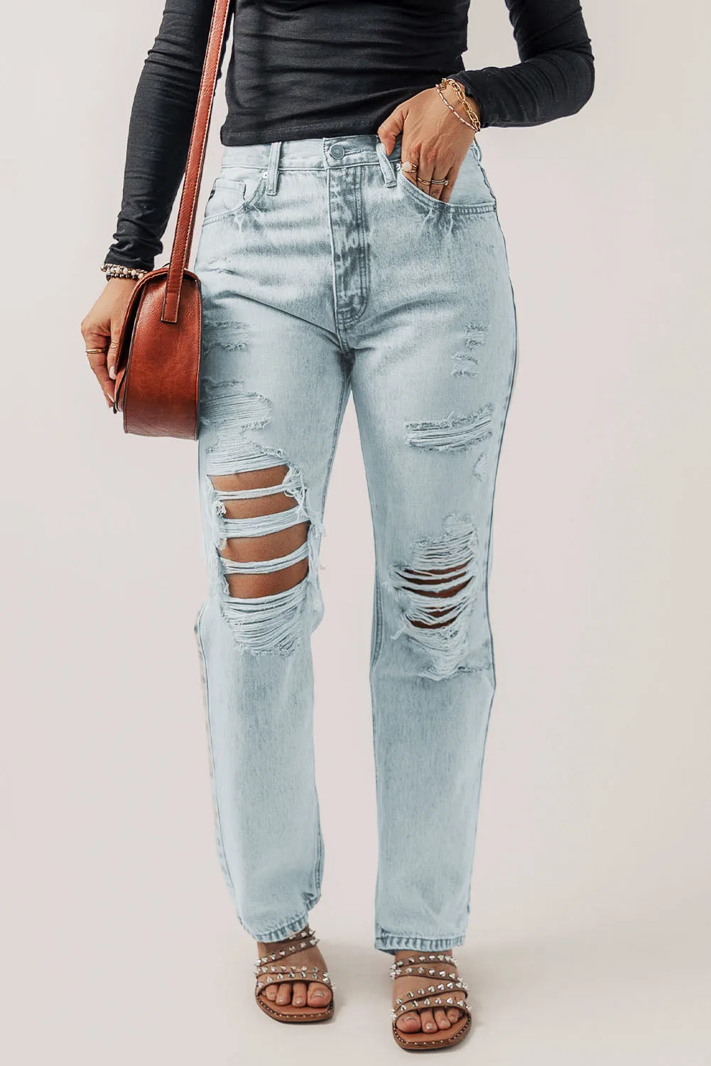 Beau Blue Vintage Acid Wash Distressed Straight Leg Ripped Jeans