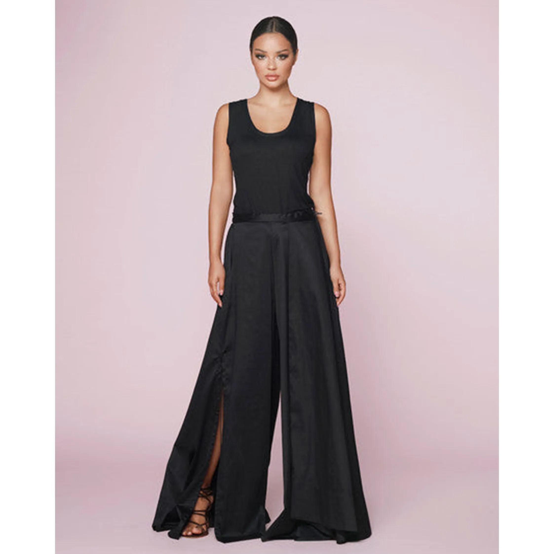 Black Cotton Wide Leg Overlay Pants