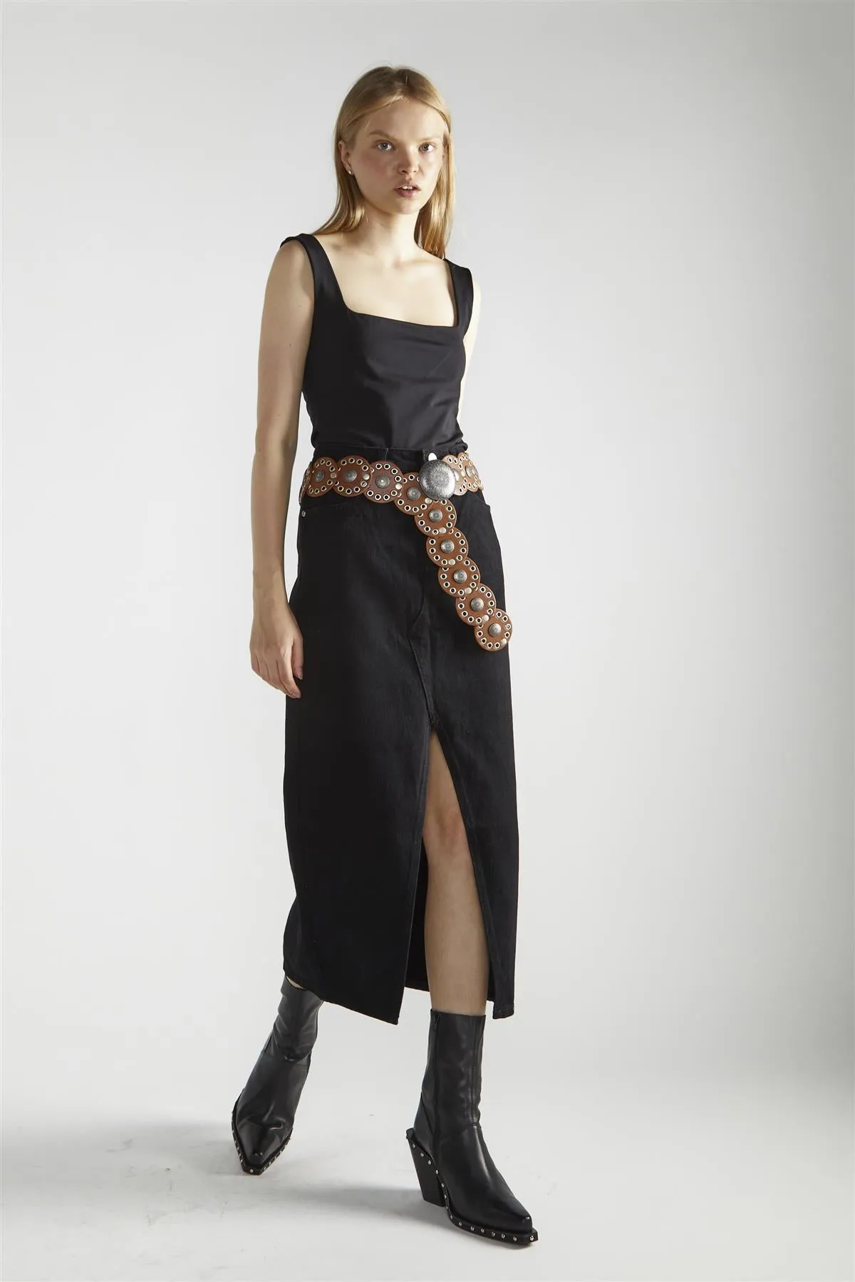 Black Denim Centre-Split Maxi-Skirt