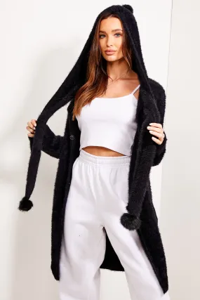 Black Faux Fur Knitted Pom Pom Hooded Cardigan