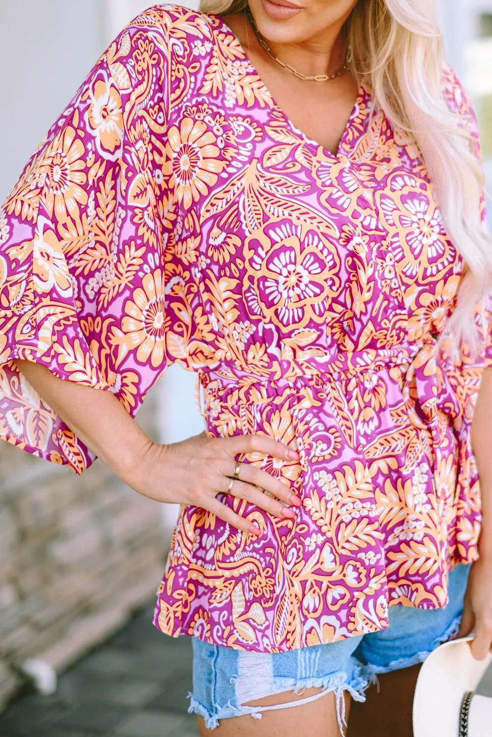 Boho Floral Belted Blouse