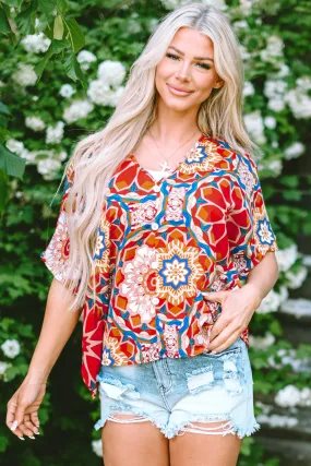 Floral Batwing Sleeve V Neck Blouse