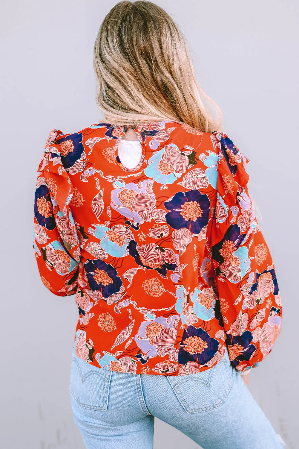 Floral Print Ruffle Puff Sleeve Blouse