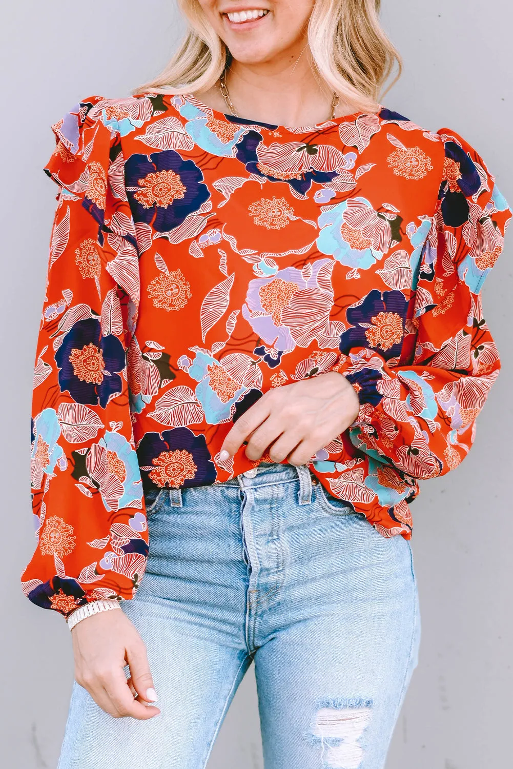 Floral Print Ruffle Puff Sleeve Blouse