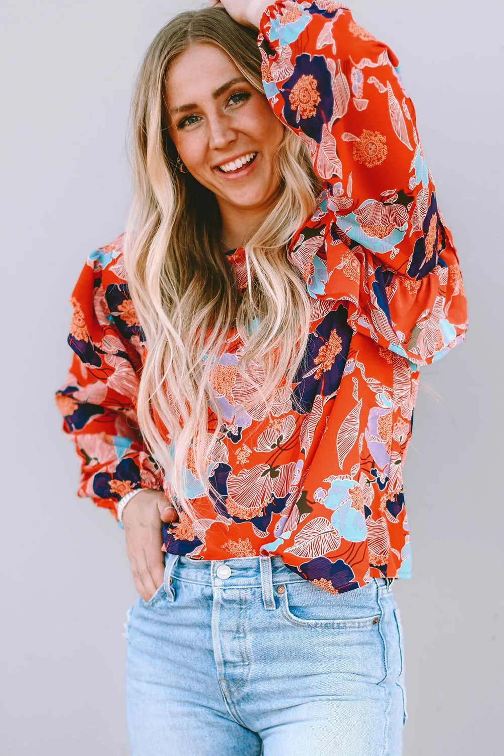 Floral Print Ruffle Puff Sleeve Blouse