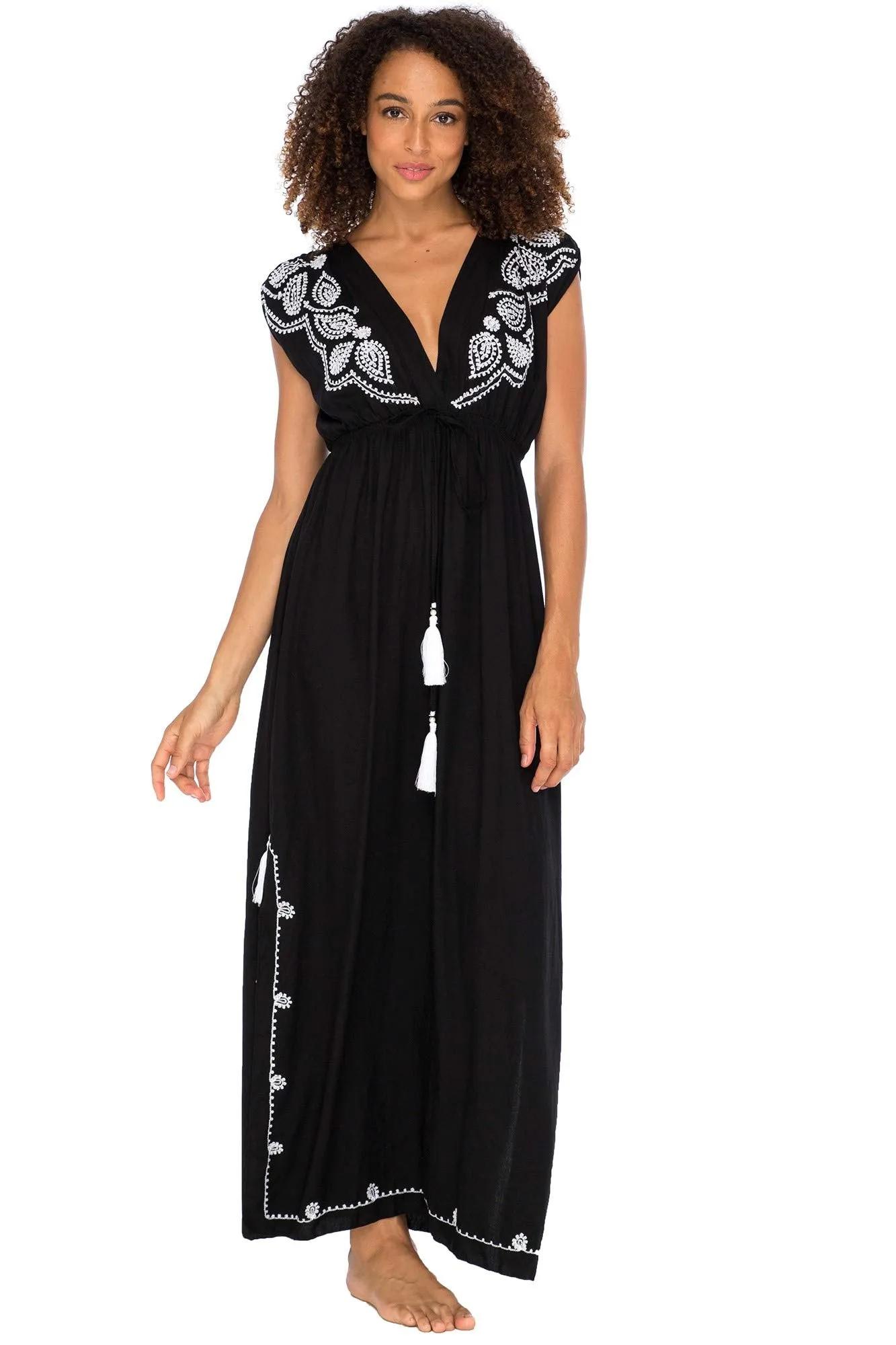 Maxi Boho Embroidered Sleeveless Deep V Neck Dress