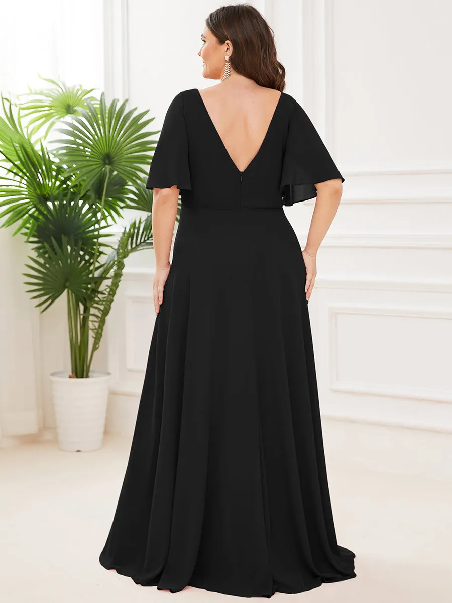 Plus Size Deep V Neck Short Ruffles Sleeves A Line Wholesale Bridesmaid Dresses