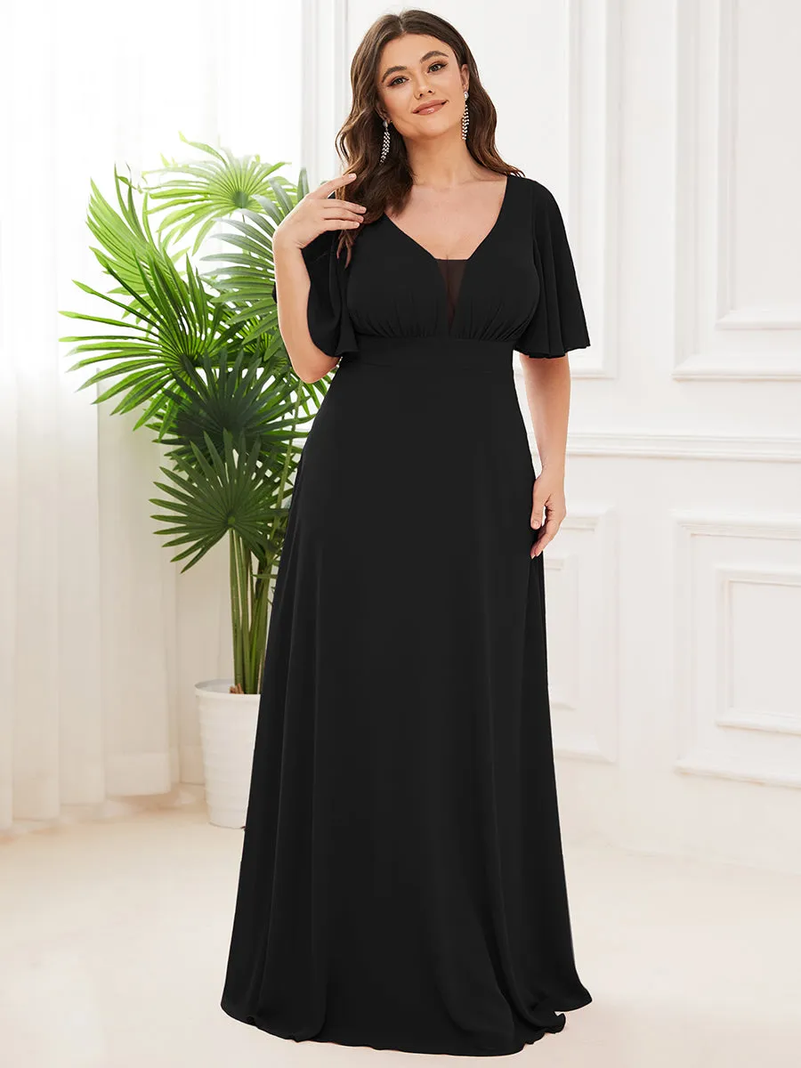 Plus Size Deep V Neck Short Ruffles Sleeves A Line Wholesale Bridesmaid Dresses