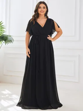 Plus Size Ruffle Pleated Chiffon Tie-Waist Evening Dress