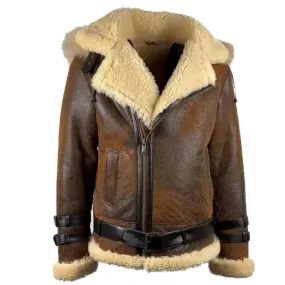 Rocco Vintage Distressed Brown Aviator bomber shearling jacket with hoodie