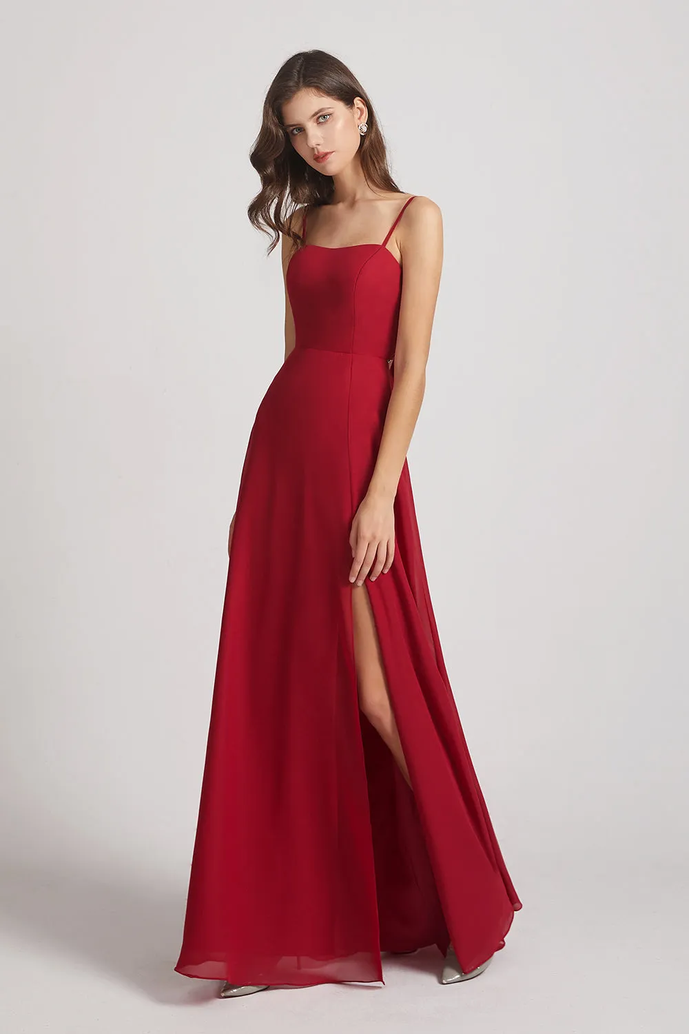 Spaghetti Straps Long Chiffon Bridesmaid Dresses with Side Slit (AF0112)