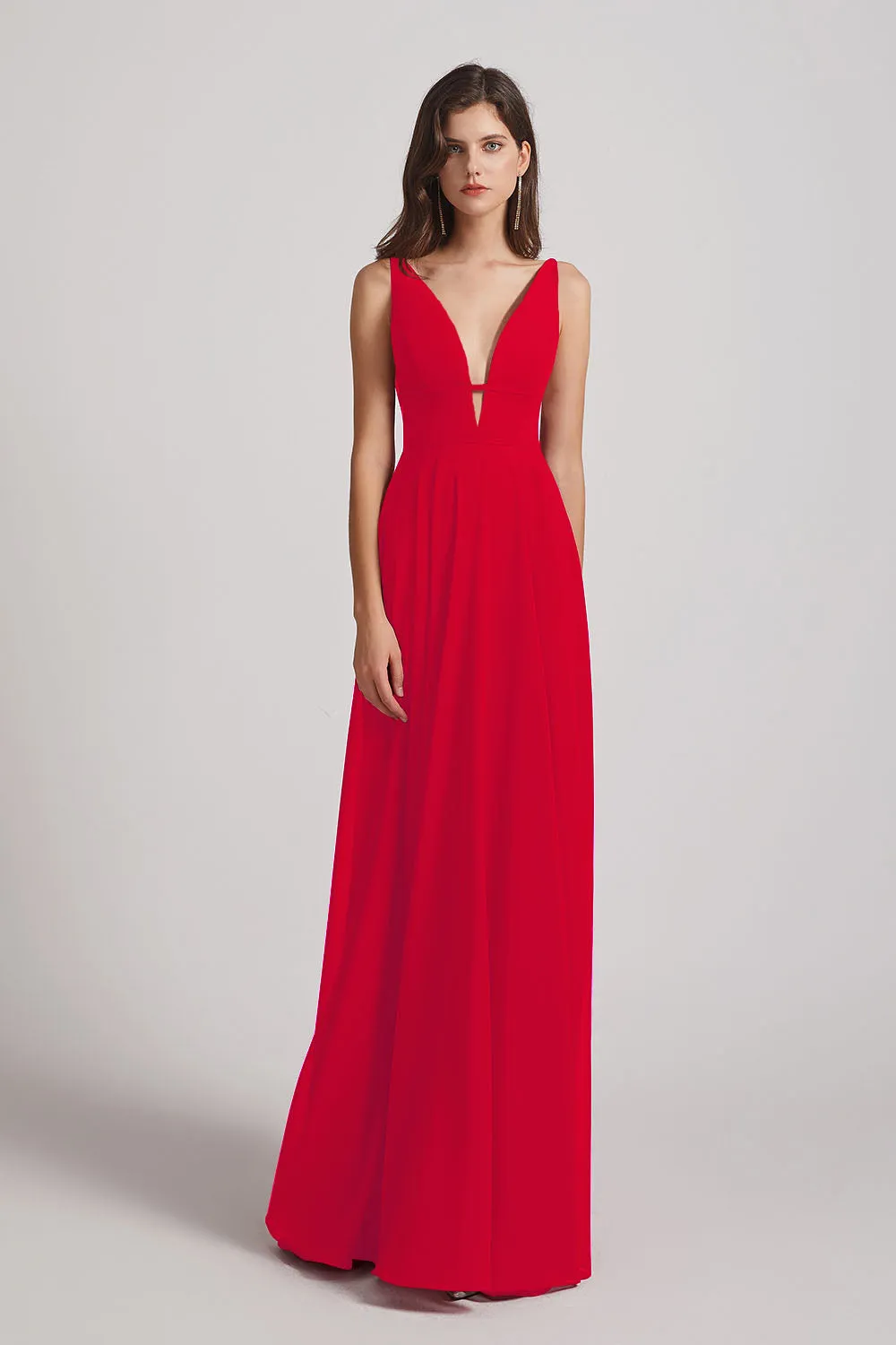 Straps Long Chiffon Plunging V-Neck Bridesmaid Dresses (AF0069)