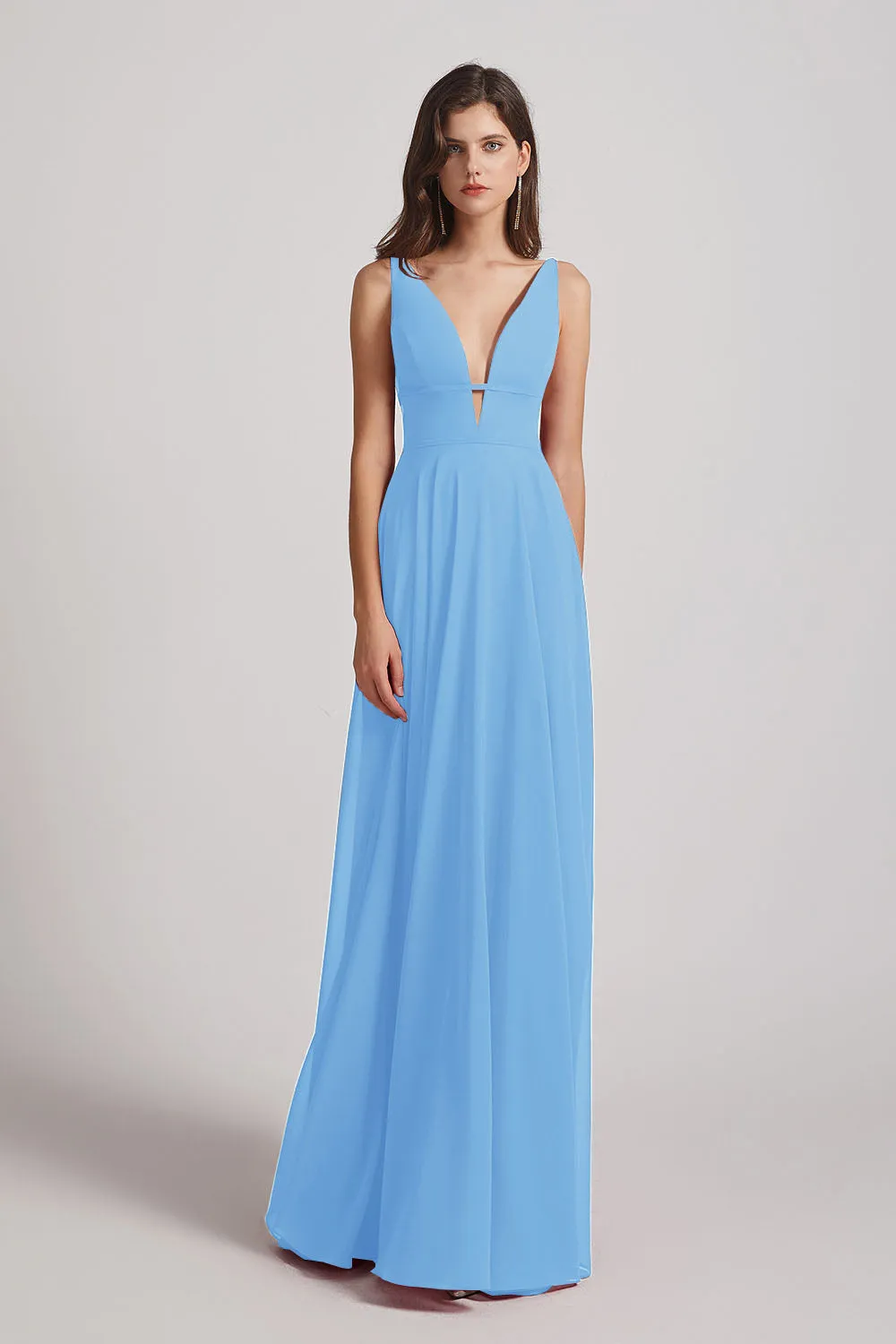 Straps Long Chiffon Plunging V-Neck Bridesmaid Dresses (AF0069)