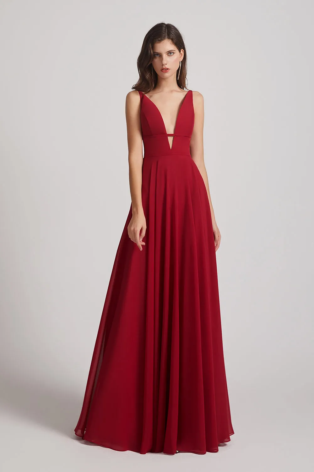 Straps Long Chiffon Plunging V-Neck Bridesmaid Dresses (AF0069)