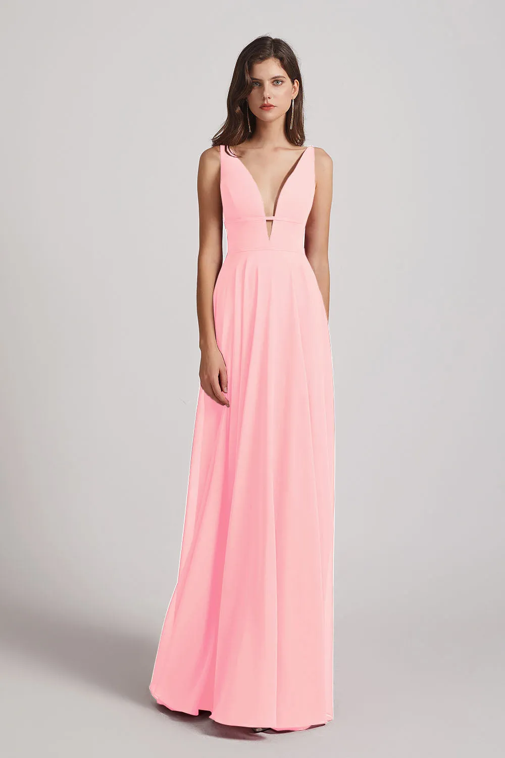 Straps Long Chiffon Plunging V-Neck Bridesmaid Dresses (AF0069)