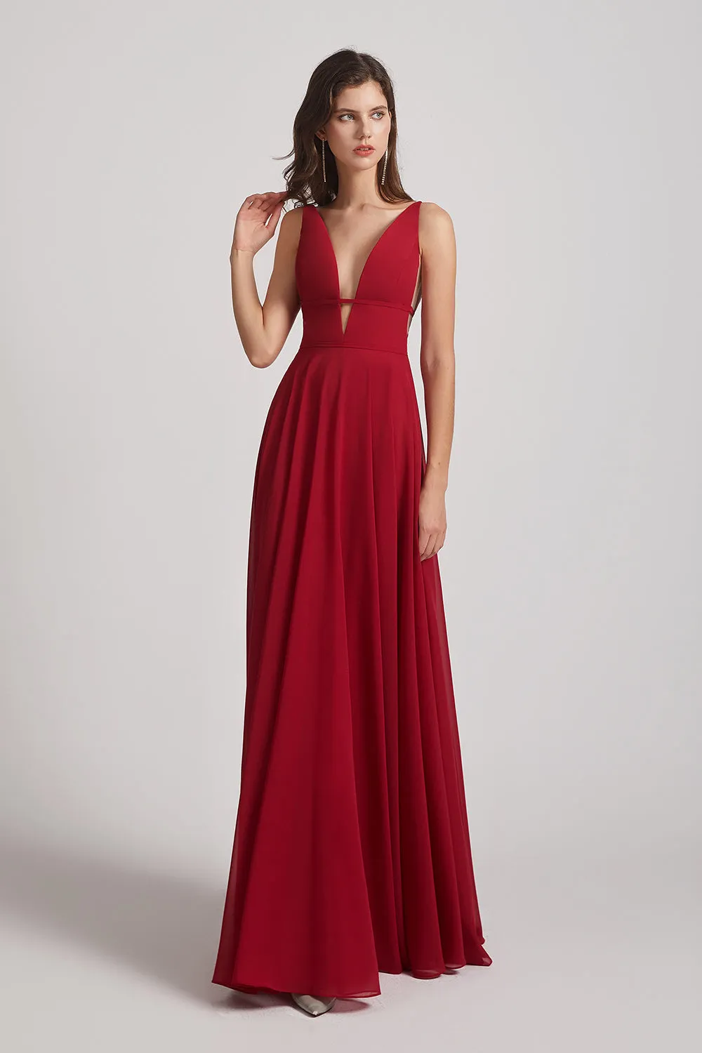 Straps Long Chiffon Plunging V-Neck Bridesmaid Dresses (AF0069)