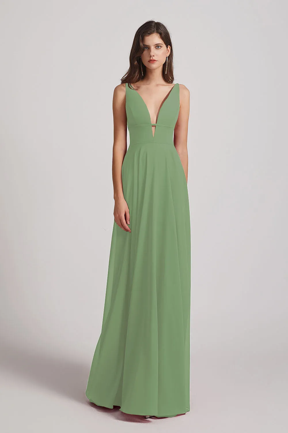 Straps Long Chiffon Plunging V-Neck Bridesmaid Dresses (AF0069)