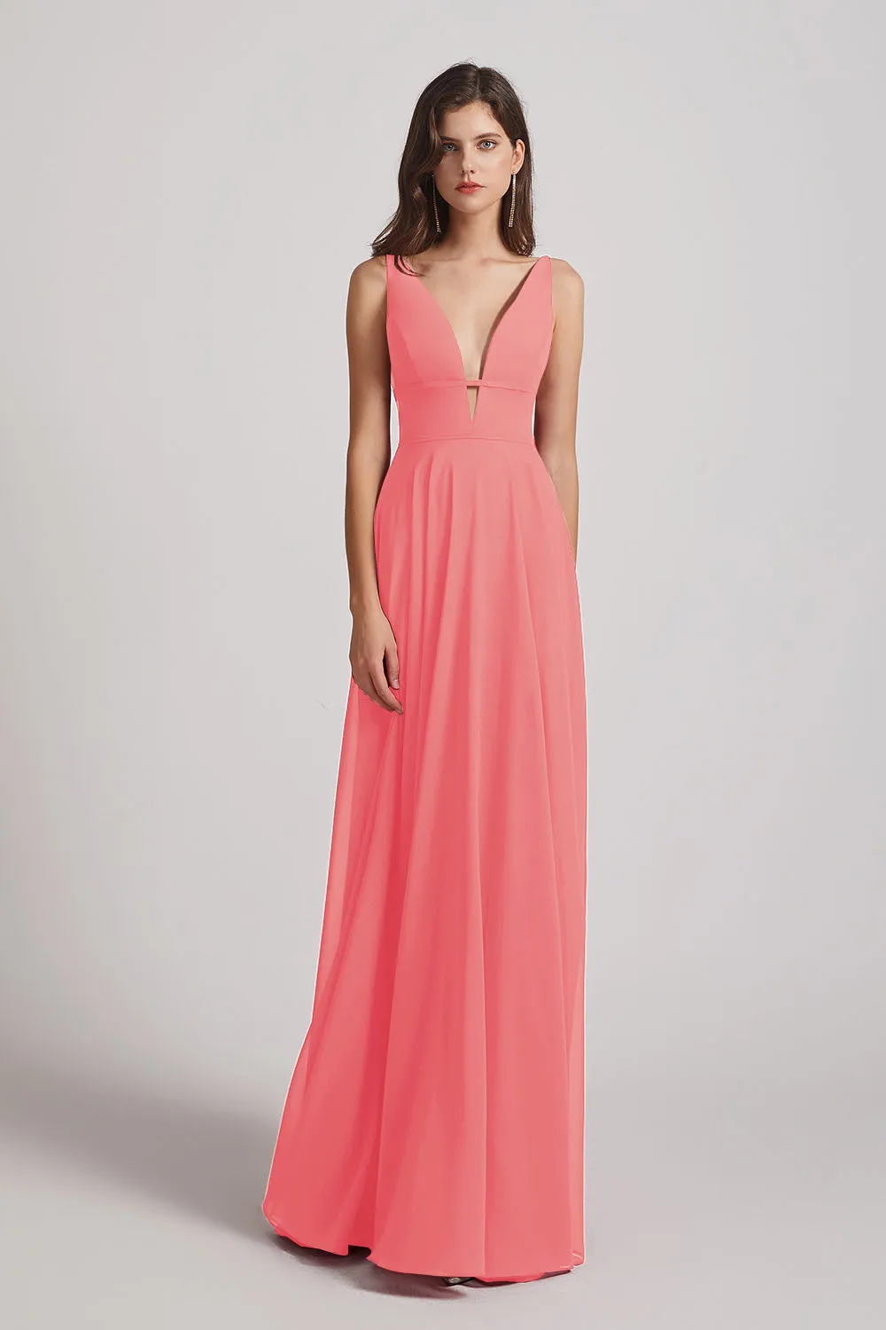 Straps Long Chiffon Plunging V-Neck Bridesmaid Dresses (AF0069)