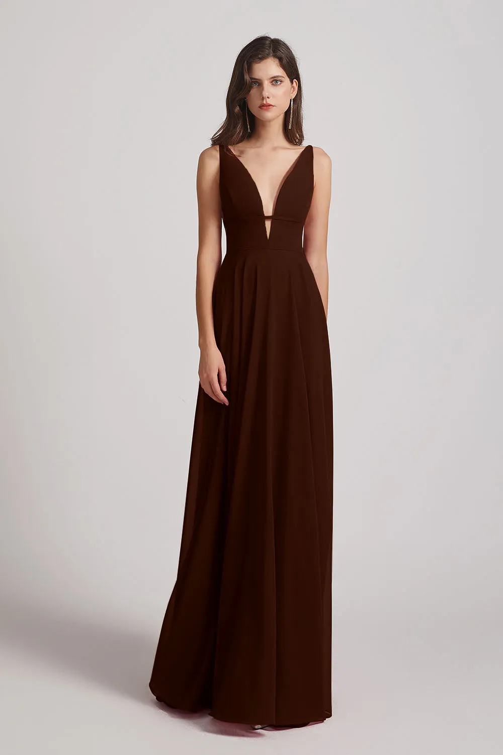 Straps Long Chiffon Plunging V-Neck Bridesmaid Dresses (AF0069)