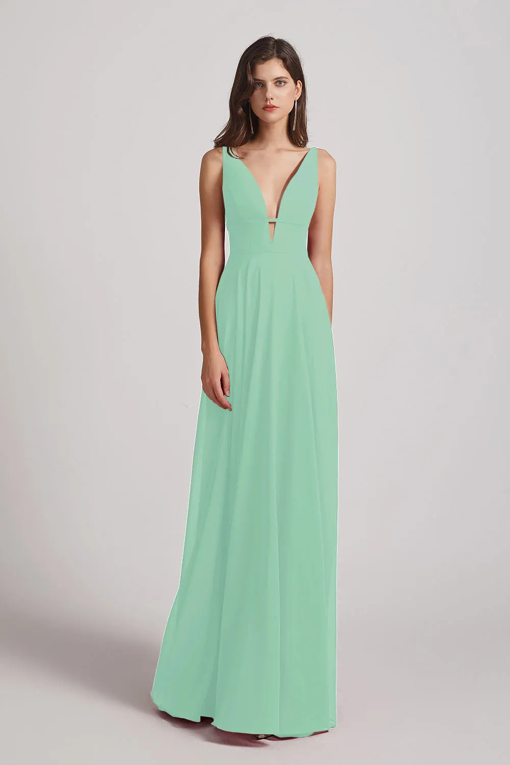 Straps Long Chiffon Plunging V-Neck Bridesmaid Dresses (AF0069)