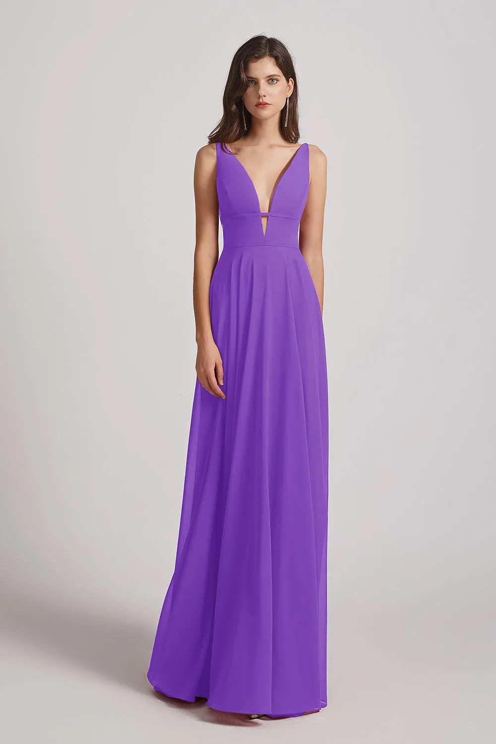 Straps Long Chiffon Plunging V-Neck Bridesmaid Dresses (AF0069)