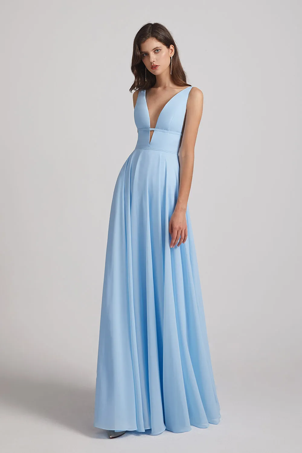 Straps Long Chiffon Plunging V-Neck Bridesmaid Dresses (AF0069)