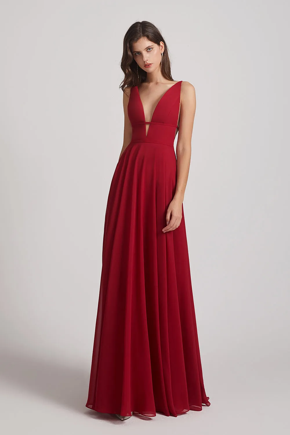 Straps Long Chiffon Plunging V-Neck Bridesmaid Dresses (AF0069)