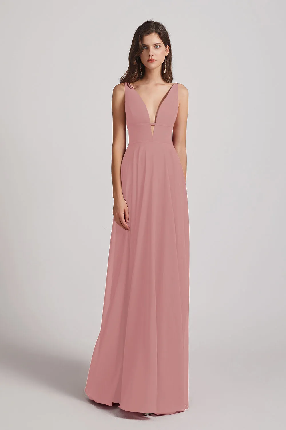 Straps Long Chiffon Plunging V-Neck Bridesmaid Dresses (AF0069)