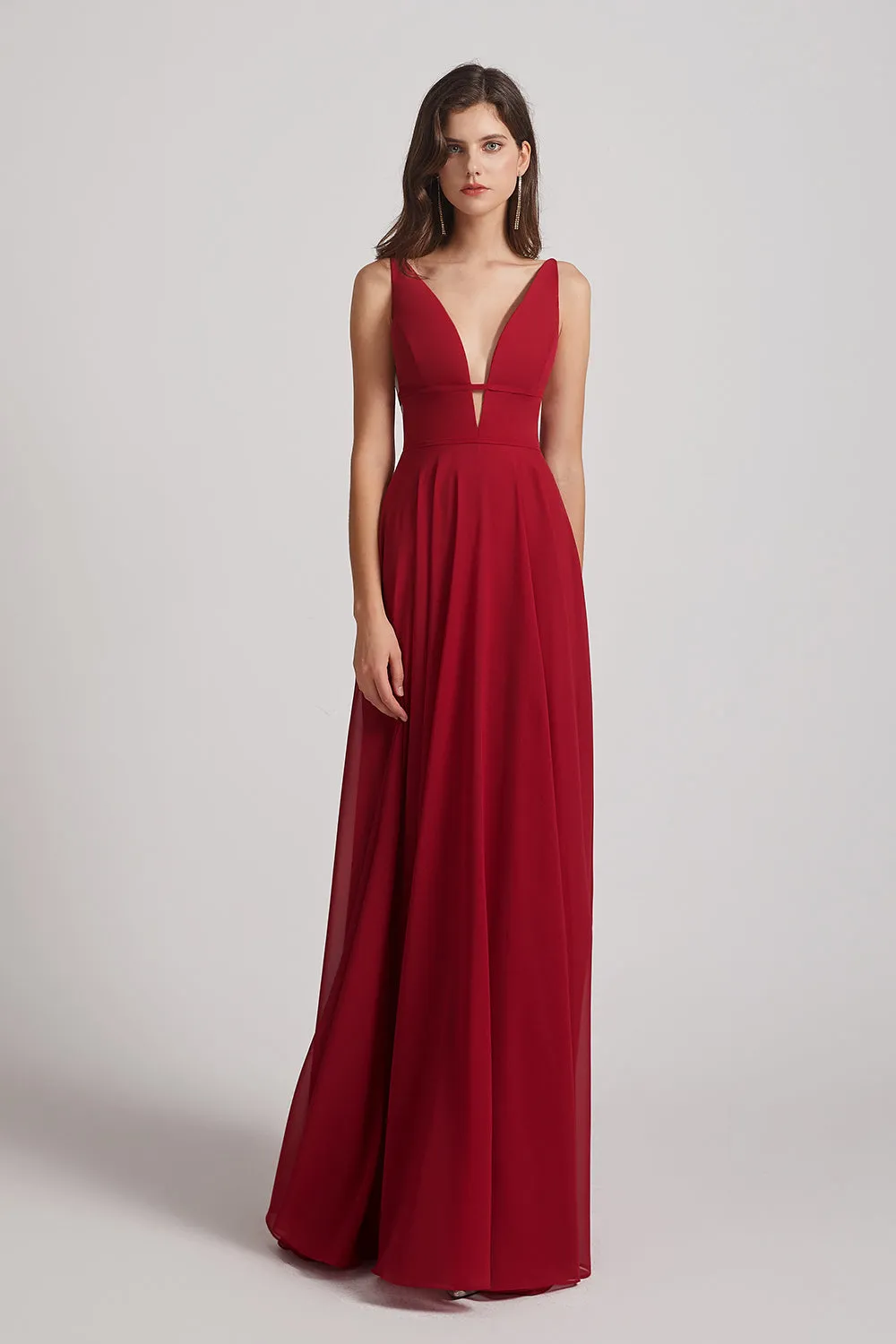 Straps Long Chiffon Plunging V-Neck Bridesmaid Dresses (AF0069)